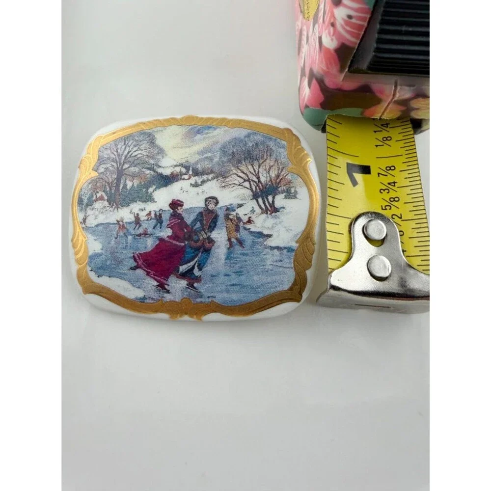 Vintage Victorian Ice Skating Porcelain Brooch Gold Tone Winter Scene